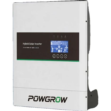 Inversor solar híbrido, potencia nominal de 12 kW, potencia máxima de 24 kVA, compatibilidad con 48 V, rango de voltaje MPPT de 60 V a 450 V, dimensiones 58 x 50 x 20,8 cm. (1/5)