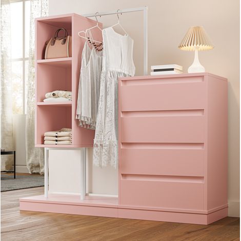 Armoire étagère en panneaux de particules et métal rose/blanc 100 x 40 x 135 cm avec 4 tiroirs et penderie (1/5)