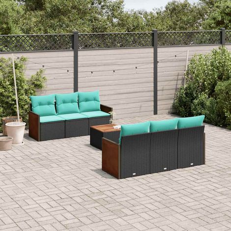 7-teiliges Gartensofa-Set mit Kissen, schwarzes Polyrattan (1/5)