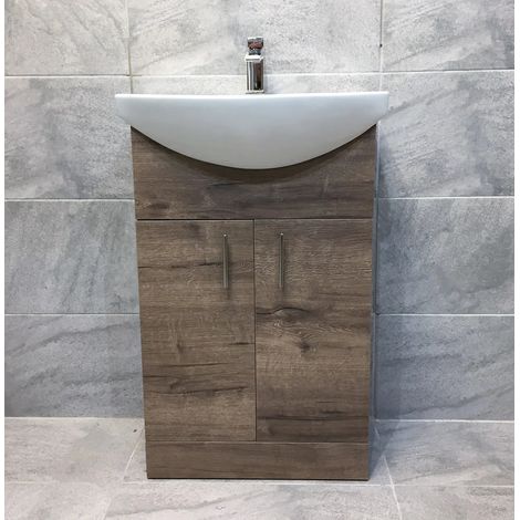 Walnut Oak Finish Vanity Basin Sink Unit 550mm Bathroom Storage Driftwood, With Amy Curved Tap (1/5)