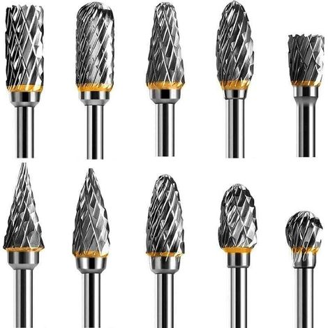 Juego de 10 brocas rotativas de acero carburo con vástago de 1/8" para herramientas rotativas de bricolaje, tallado de madera, pulido de metales, grabado y perforación - KZQ