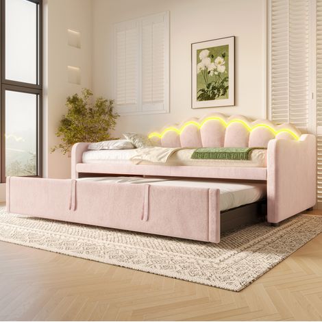 Letto da giorno estraibile 90x200(180x200) in velluto rosa con LED, divano letto (1/5)