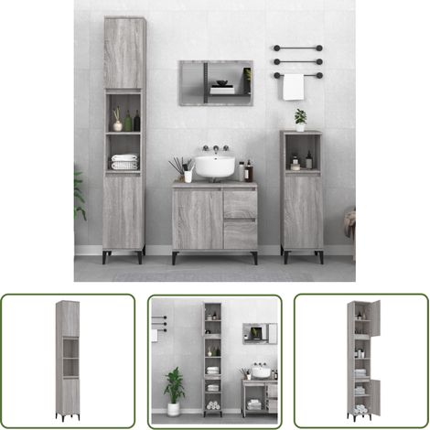 The Living Store Badschrank Grau Sonoma 30x30x190 cm Holzwerkstoff - Badezimmermöbel - Badschrank - Holzwerkstoff - Grau - Spiegelschrank (1/5)