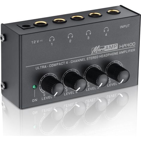 HA400 4 canaux amplificateur de Casque stéréo, métal Mini Splitter Audio avec contrôle de Volume indépendant, 1/4 "Sortie et entrée TRS, avec Adaptateur 12V pour Studio, scène, PC, Guitare (1/5)
