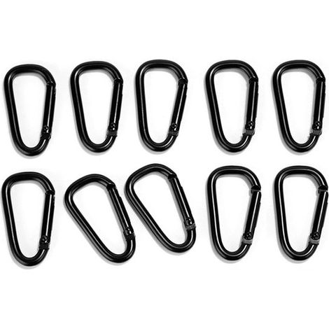 Juego de 10 pequeños mosquetones - fabricados en aleación de aluminio - para mochilas, cinturones y objetos colgantes, color negro (1/5)