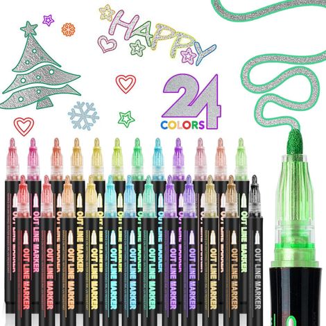 Lot de 24 stylos à paillettes à double trait, surligneurs à double trait, stylos magiques de couleurs variées, stylos magiques métallisés, pour la peinture, les cartes cadeaux et le scrapbooking.