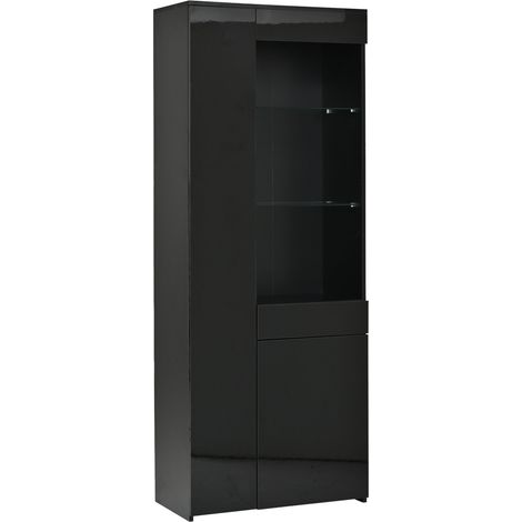 Vitrina alta 70 x 35 x 180 cm con LED, 1 cajón, 2 armarios y vidrio templado, negra, MODENUIT (1/5)