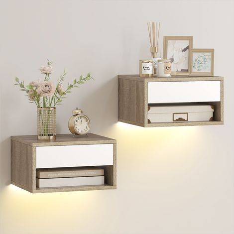 Tables de chevet suspendues bois de teck avec éclairage LED RGB et rangement, lot de 2, 37x32x21 cm (1/5)