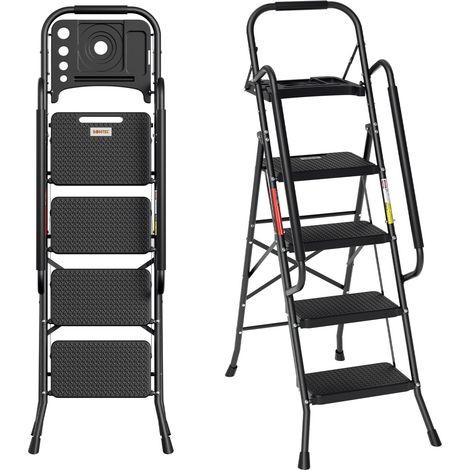 TolleTour Escalera plegable 4 peldaños con pasamanos de apoyo, bandeja portaherramientas, peldaños anchos antideslizantes, carga 150 kg, negra (1/5)