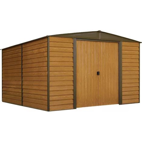 Abri métal Habrita Foresta Arrow Woodridge 11,59m2 imitation bois toit 2 pentes avec double porte coulissante (1/4)