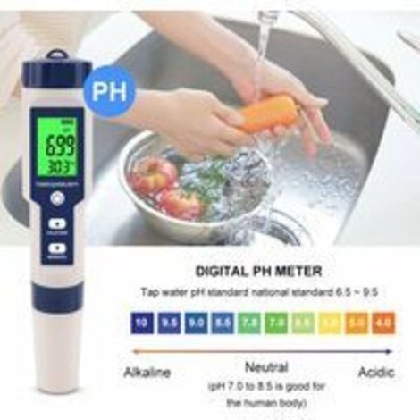 Elektronisches 5-in-1 pH-Meter-Testgerät, misst pH-Wert, TDS, EC-Wert, Salzgehalt und Temperatur, Wasserqualitätstester, LCD-Bildschirm und hohe Messgenauigkeit, für Trinkwasser, Aquarien, Schwimmbäde (1/4)