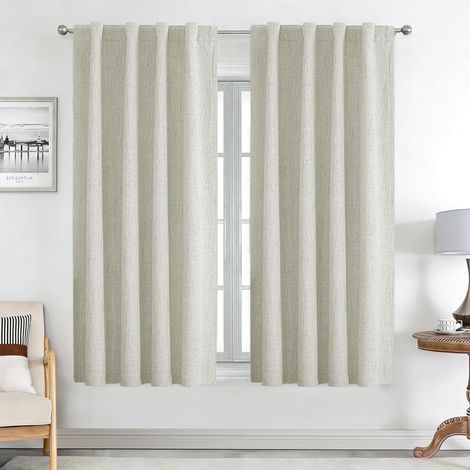 100% Light Beige Blackout Curtain, 106 x 158 cm, 2 Pieces, Linen Curtains, Thermal Insulation, Anti-UV, Hidden Tabs and Rod for Bedroom Living Room Decoration and Furniture Protection (1/5)