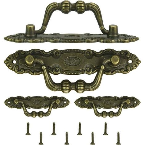 Lot de 4 poignées de meubles antiques en bronze avec anneau de traction - Poignées de tiroir décoratives vintage avec vis pour armoires, commodes, boîtes en bois (1/5)
