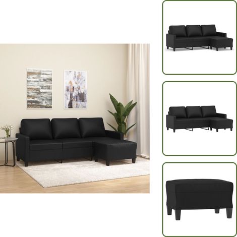 Canapé à 3 places avec repose-pieds Noir 180 cm Similicuir - Canapé Trois Places - Canapé Avec Repose-pieds - Canapé Noir - Canapé Similicuir - Meuble Salon