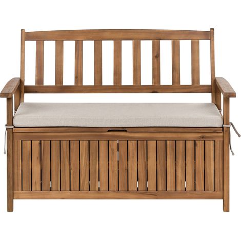 Outdoor Bench with Storage Brown Solid Acacia Wood Olefin Fabric 2 Seater 120 cm with Beige Cushion SOVANA (1/5)