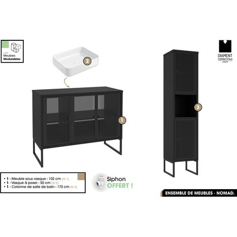 Ensemble complet de salle de bain - Meuble - Colonne - Vasque avec Siphon OFFERT NOMAD NOIR 102 x 80 x 43 cm (1/5)