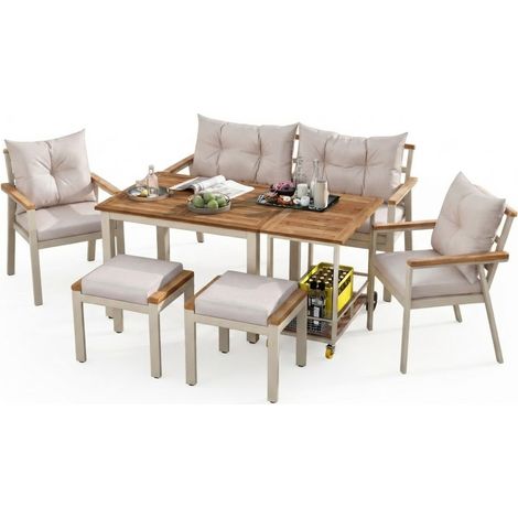 ELVMI Conjunto Mesa y Sillas de Jardín con 1 Mesa, 1 Sofá de 2 Plazas, 2 Sillas, 2 Taburetes y 1 Carro, Madera de Acacia Beige (1/5)