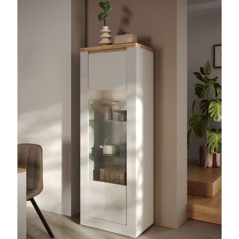 Vitrine moderne 1 porte laqué blanc et bois + led ARIA (1/5)