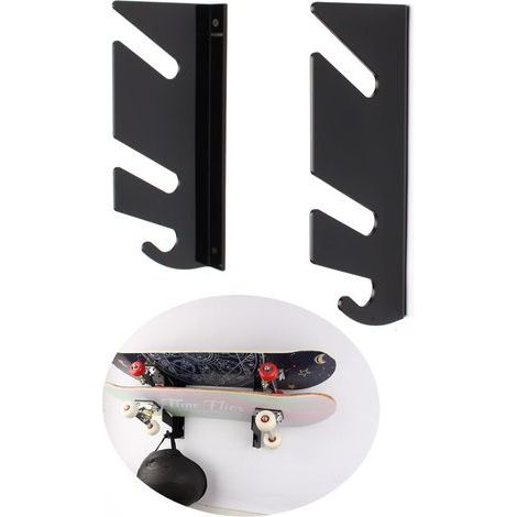 2pcs Support mural pour skateboard - Double étagère murale - Avec crochets de rangement - Pour longboard, snowboard, skateboard (1/4)