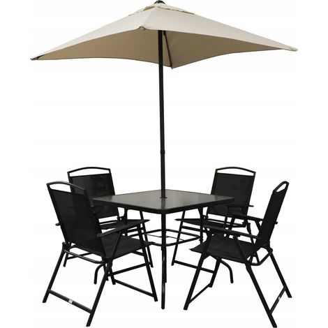 Stefan Gartenmöbelset mit Sonnenschirm, 4 Stühlen und schwarzem Tisch (1/5)