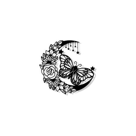 Schwarze Metall-Wanddekoration, Mondblumen-Schmetterlings-Wandskulpturen, Dekoration für Mädchenzimmer, Garten, Wohnzimmer, Badezimmer (30 x 30 cm) - Crezuo