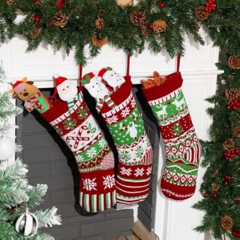 Lot de 3 bas de Noël rustiques de 45 cm en maille torsadée, rouges et verts, pour les décorations de Noël familiales (1/4)