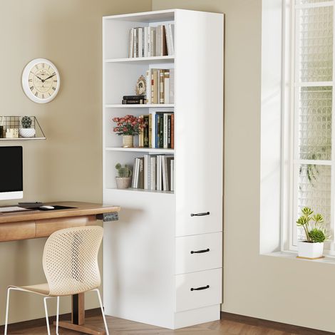 Scaffale in truciolare bianco 60 x 38 x 180 cm con 4 ripiani, 2 regolabili e 3 cassetti laterali