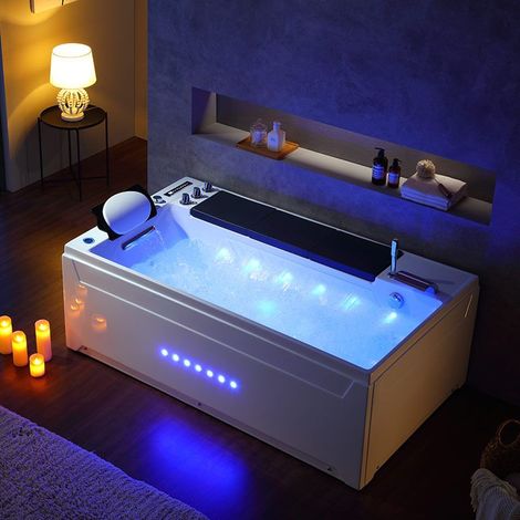 Distribain – Baignoire balnéo 180x100 cm avec 40 jets – Massage cervical – Acrylique renforcé – Chromothérapie 14 leds – Pour 1 personne