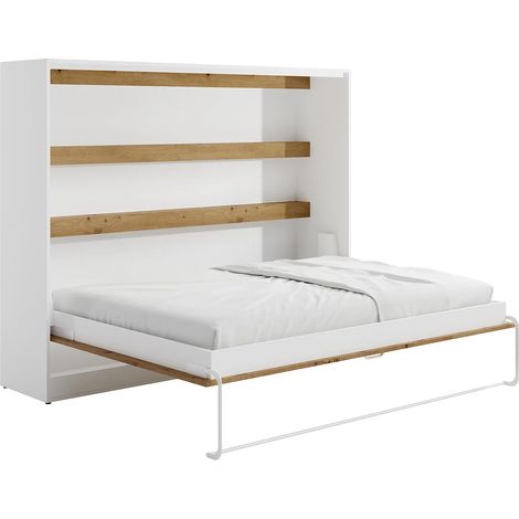 Lit escamotable 140 x 200 cm - Ouverture horizontale manuelle - Blanc et naturel - RAPILI (1/5)