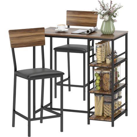 Table de bar Lumenum avec étagères et tabourets noir et noyer (1/5)