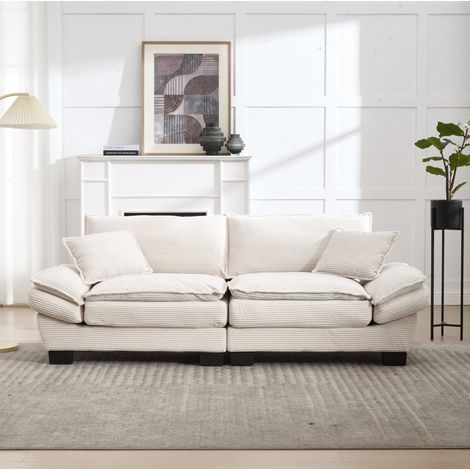 Sofa 224x81x81 cm in beigem Velours - extrem tiefe 2-Sitzer Sitzfläche, Holzrahmen und schwarze Füße (1/5)