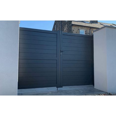 Double Swing Gate 3000x1600mm - Aluminium - Horizontal Solid Infill and Flat Top - Grey
