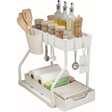 Organisateur de Rangement Sous Évier 2 Étagères, avec Tiroirs Amovibles et Panier Coulissant, Blanc Pour Cuisine et Salle de Bains (1/5)