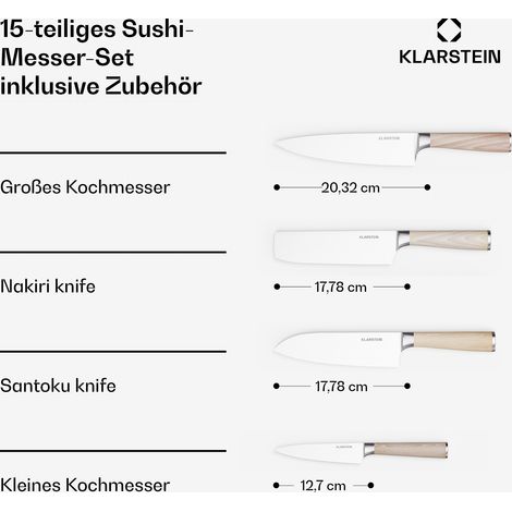 Klarstein 15-teiliges Profi-Sushi-Set mit 4 Messern aus 3cr13 Edelstahl 430, matt poliertem Eschenholz - einfaches & schnelles Schneiden, umfasst Essstäbchen & Reis, Sushi-Reisformer