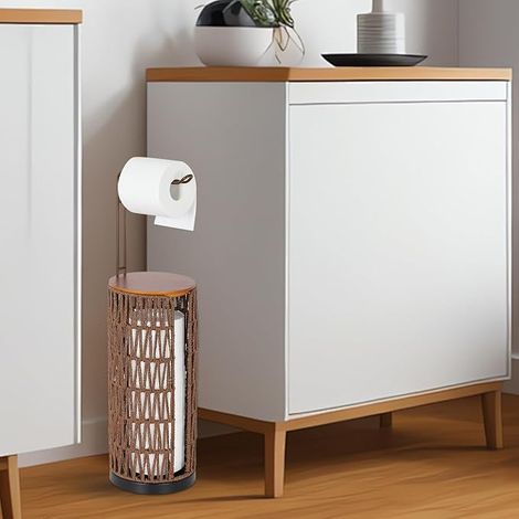 Distributeur de Papier Toilette Autonome Rangement avec Etagère, Rangement de Papier Toilette en Rotin Boho, Porte-Papiers de Salle de Bains Debout pour Rouleaux de Papier Toilette (1/4)