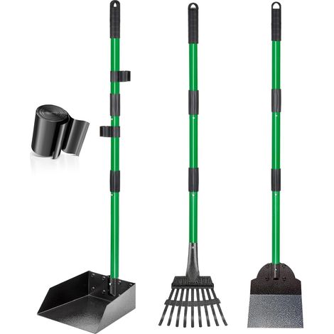 Ramasse-Crottes, Plateau, RâTeau & Pelle pour Chien avec Long Manche MéTal Ajustable, Pelle Crotte Robuste avec Sacs à DéChets pour la Cour, Les Promenades, l'herbe et Les Feuilles de Jardin