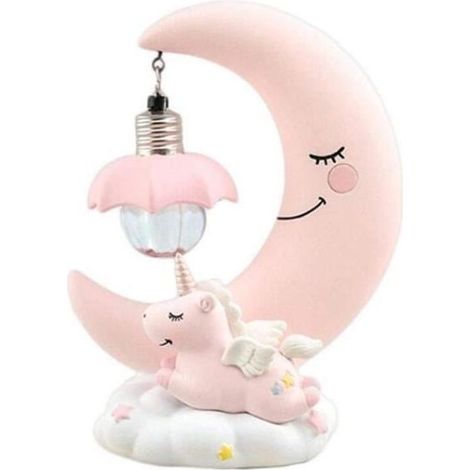 Veilleuse Dessin Animé Licorne Lune De Résine - Rose - Bébé - Piles - 1115cm (1/3)
