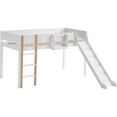 Lit mezzanine bois pin+MDF blanc/naturel 90x200 cm avec échelle 3 marches, toboggan et étagère amovible (1/5)
