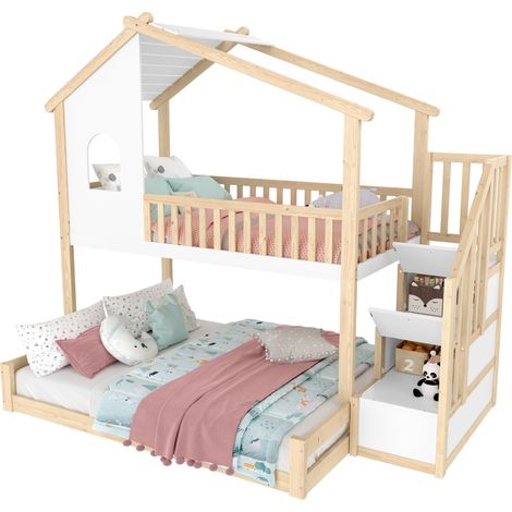 MODFU-Lit superposé enfant en bois 90/140x200cm 3 personnes, lit cabane, avec échelle de rangement, sans matelas, antichute, blanc+naturel (1/5)