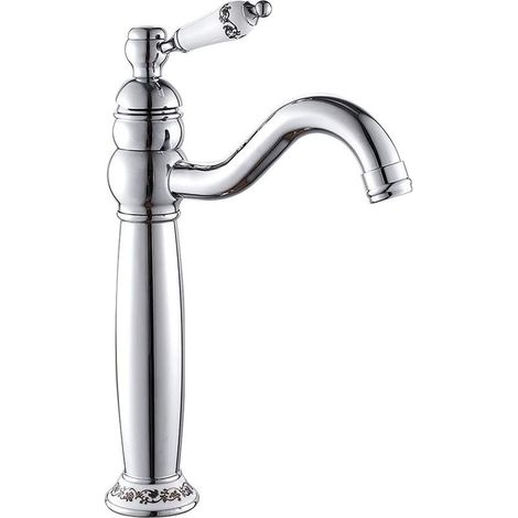 Robinet mitigeur de lavabo haut classique en laiton, robinet à levier unique, poignée en céramique (argenté) (1/5)