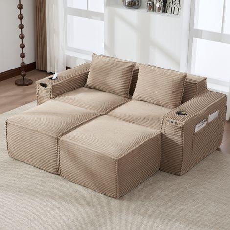 Sofá modular de 2 plazas en pana caqui con 2 pufs, portavasos y bolsillos laterales,188x162x75 cm (1/5)
