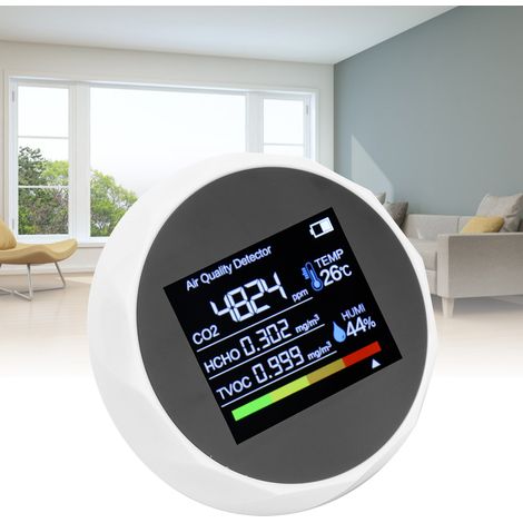 Rilevatore multifunzionale di qualità dell'aria con misurazione di TVOC, CO2, temperatura e umidità, ricarica USB, in ABS bianco, peso 287 g.