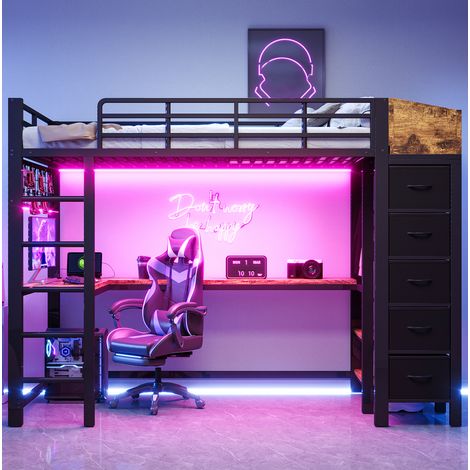 Metall-Hochbett 90x200 cm Schwarz mit Gaming-Schreibtisch, LED, 5 Stoffschubladen und Stauraum (1/5)
