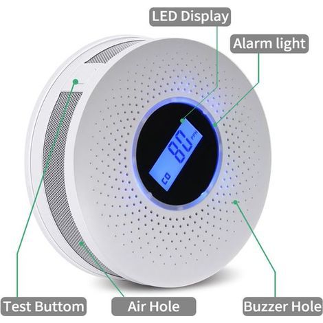 Smoke Detector - 2-in-1 Smoke and Carbon Monoxide Detector - Carbon Monoxide Detection and Alarm All-in-One - Battery Powered (Batteries Not Included) - With Digital Display and Audible/Visual Alarm - (1/5)