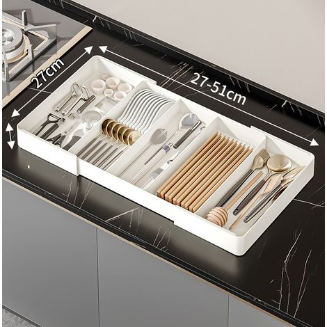 Caja de almacenamiento retráctil para cajón de cocina, cajón profundo, bandeja interior de plástico extraíble, separador retráctil (Tipo B: tres compartimentos + separador izquierdo y derecho) (1/5)