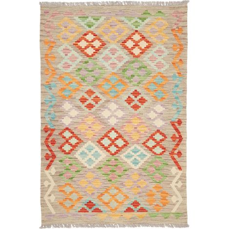 Tapis kilim 102 x 153 cm, motif géométrique, en laine naturelle, multicolore, orange et vert tissé plat, authentique et chaleureux (1/5)
