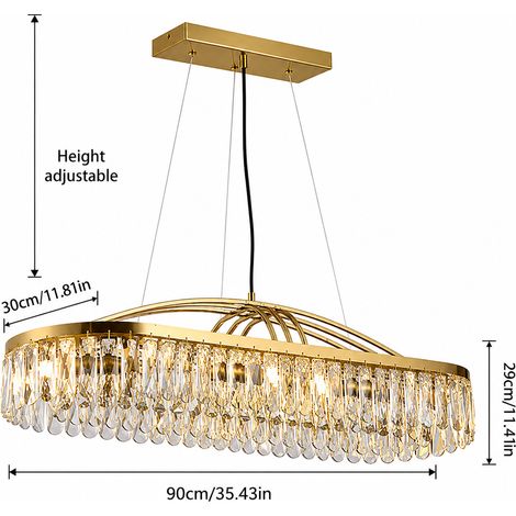 Lustre suspension rectangulaire doré 90 cm en cristal, luminaire design luxe E14 x8 réglable pour salle à manger îlot cuisine salon