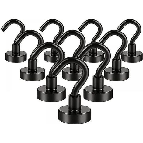 10 leistungsstarke schwarze Neodym-Magnethaken – 16 mm Durchmesser – Wandmontage ohne Bohren für schwere Gegenstände