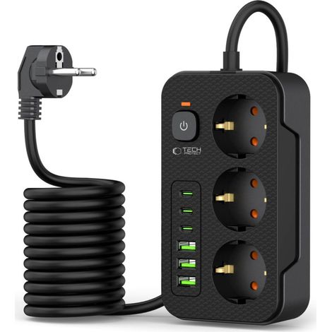 Tech protect pc3x6 steckdosenleiste mit 3 usb 3 usb c und 3 steckdosen 200 cm schwarz (1/5)