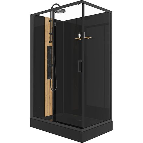 Vente-Unique – Cabine de douche hydromassante rectangulaire en bambou – Installation réversible – Noir mat – L120 x l80 x H225 cm – Jets massants et pluie (1/5)